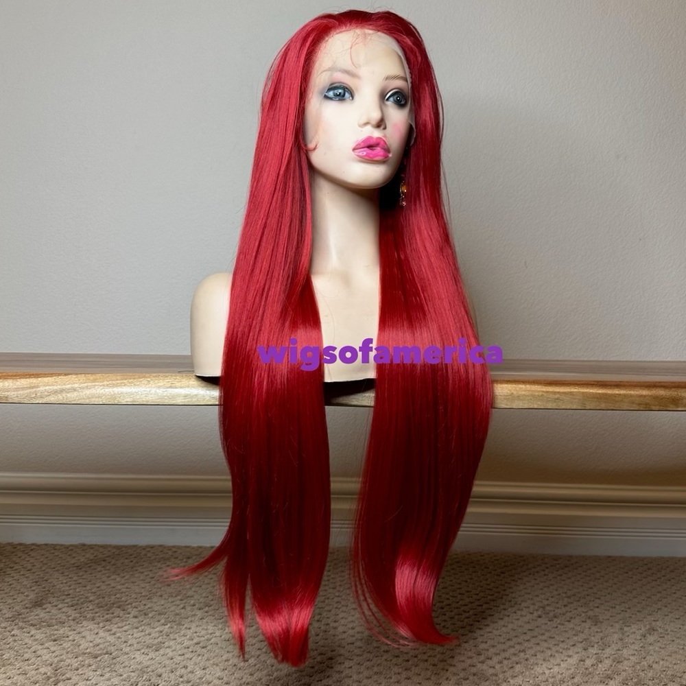 Straight red wig lace frontal free part 32 inch heat ok